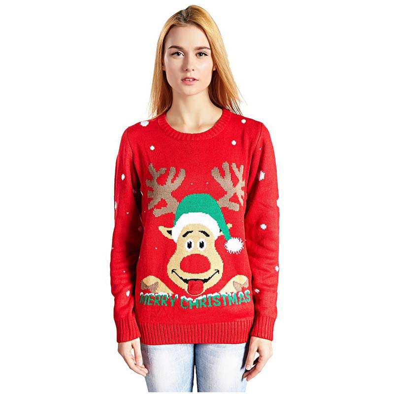 Red Christmas Sweater Pattern Round Neck